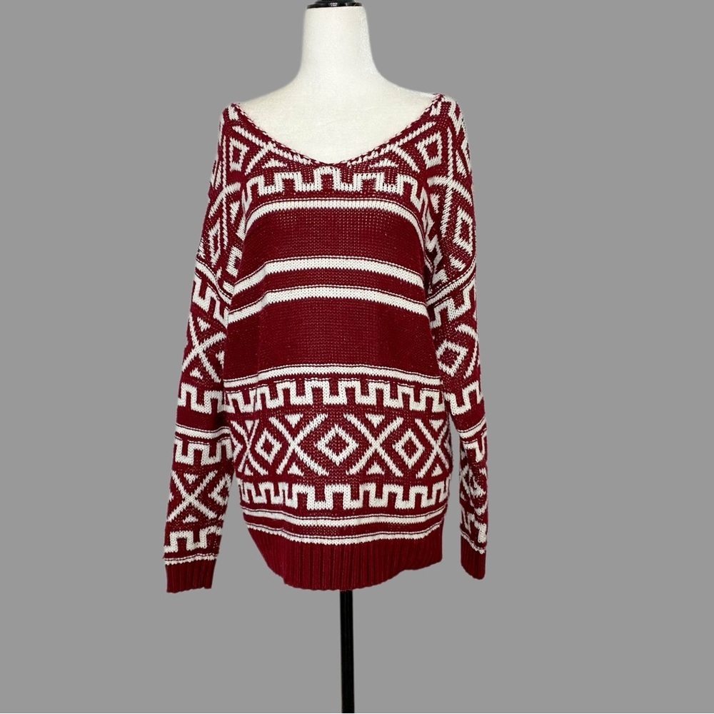 🤎 M 🤎 Oversized Sweater Vneck V-Neck Geometric Loose Knit Contrast